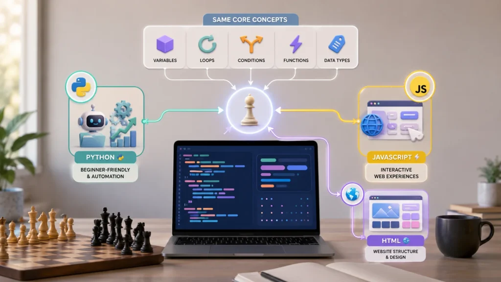 Coding concepts connecting Python, JavaScript, and HTML