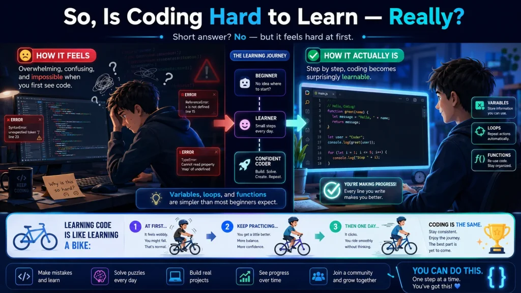 Coding learning journey from beginner struggles to confident programmer