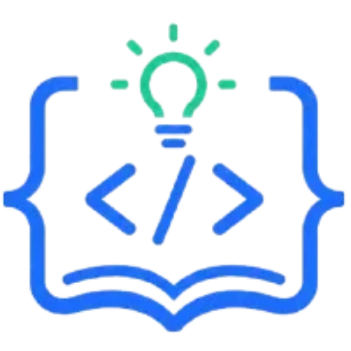 Basics coding concepts logo with coding symbols and glowing light bulb