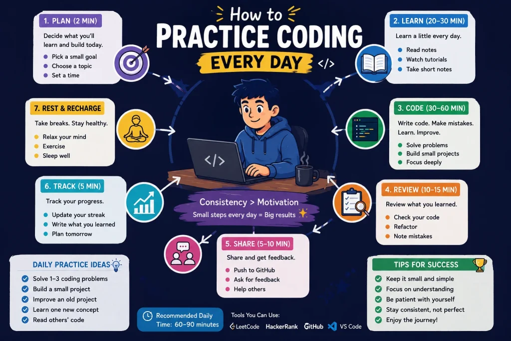 How to Practice Coding Every Day, Daily Learning and Coding Routine