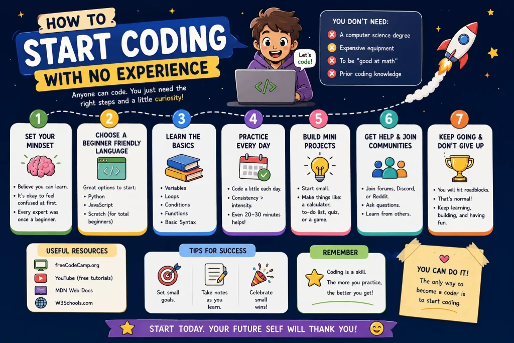 How to Start Coding With No Experience, Beginner Roadmap Infographic