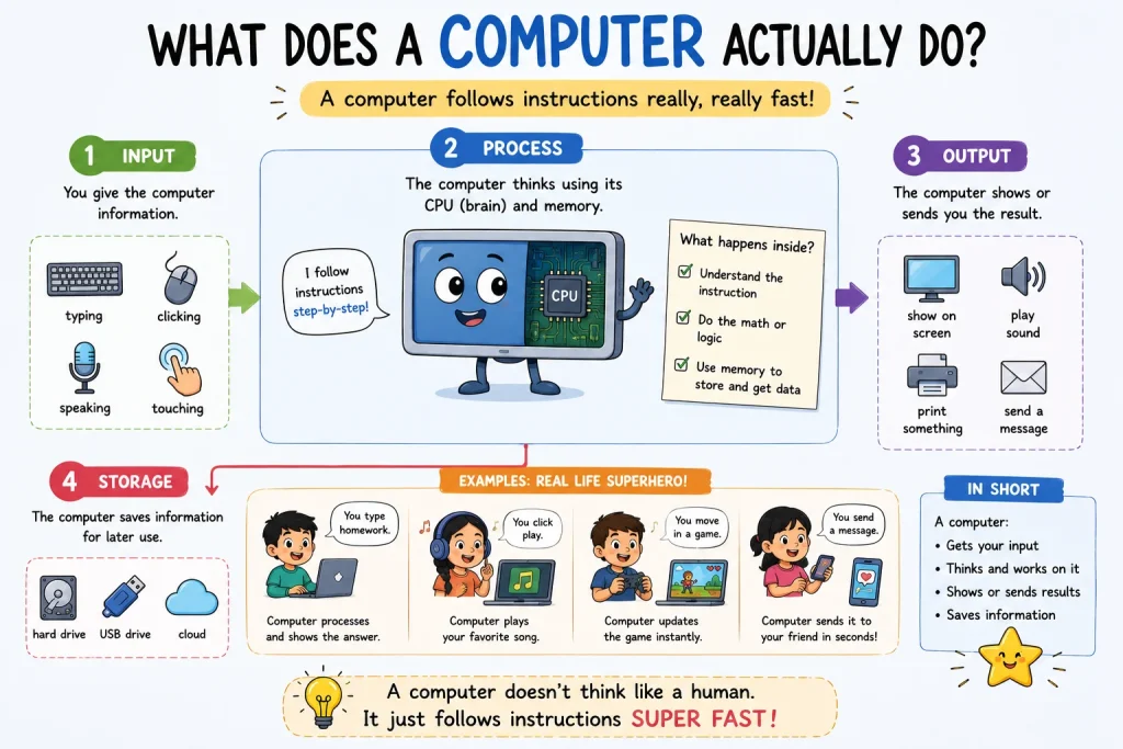 What Does a Computer Actually Do? Infographic Showing Input, Process, Output