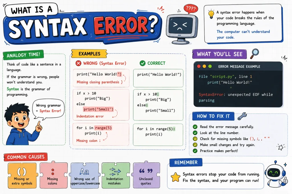 What Is a Syntax Error? Coding Infographic with Examples and Fixes